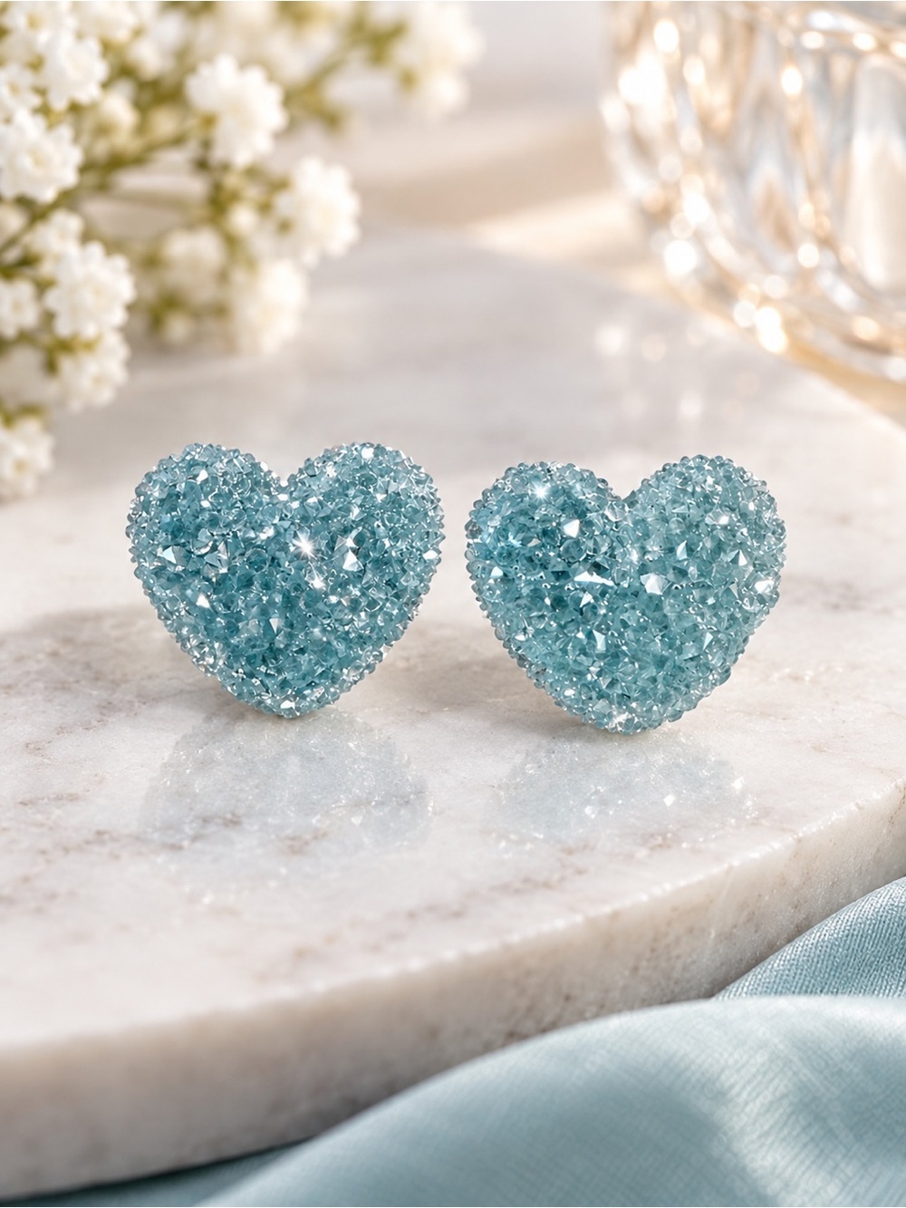 Blue Crystal Heart Stud Earrings 925 Silver Posts Sparkly Statement Jewelry
